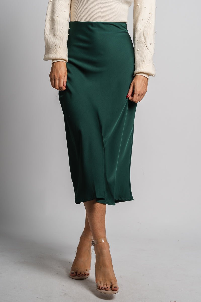 Satin midi skirt hunter green | Lush Fashion Lounge: boutique fashion skirts, affordable boutique skirts, cute affordable skirts