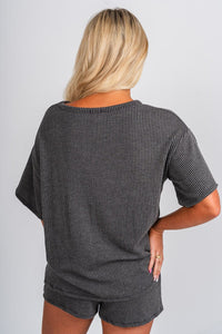 Ribbed short sleeve top charcoal - Adorable top - Stylish Comfortable Outfits at Lush Fashion Lounge Boutique in OKC