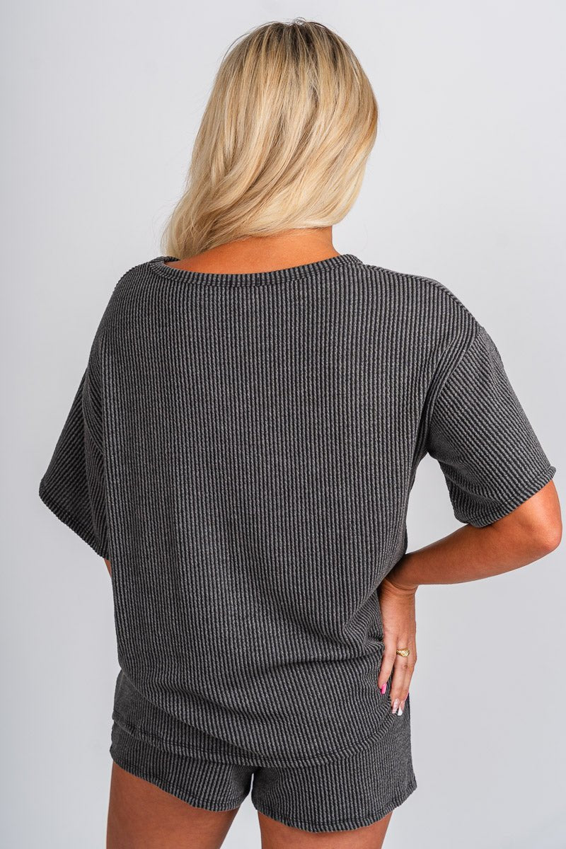 Ribbed short sleeve top charcoal - Adorable top - Stylish Comfortable Outfits at Lush Fashion Lounge Boutique in OKC