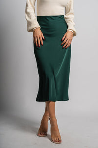 Satin midi skirt hunter green | Lush Fashion Lounge: boutique fashion skirts, affordable boutique skirts, cute affordable skirts