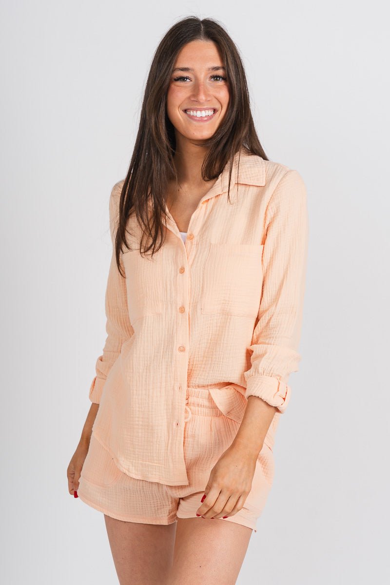 Z Supply Kaili button up top grapefruit - Trendy Top - Cute Loungewear Collection at Lush Fashion Lounge Boutique in Oklahoma City