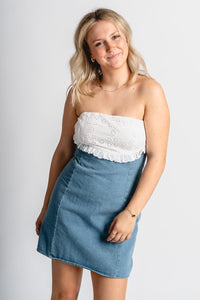 Strapless lace trim denim dress blue - Cute dress - Trendy Dresses at Lush Fashion Lounge Boutique in Oklahoma City