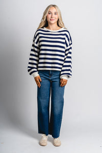 Striped crew neck sweater navy/ivory - Oklahoma City inspired graphic t-shirts at Lush Fashion Lounge Boutique in Oklahoma City