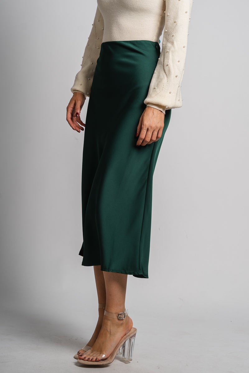 Satin midi skirt hunter green | Lush Fashion Lounge: boutique fashion skirts, affordable boutique skirts, cute affordable skirts