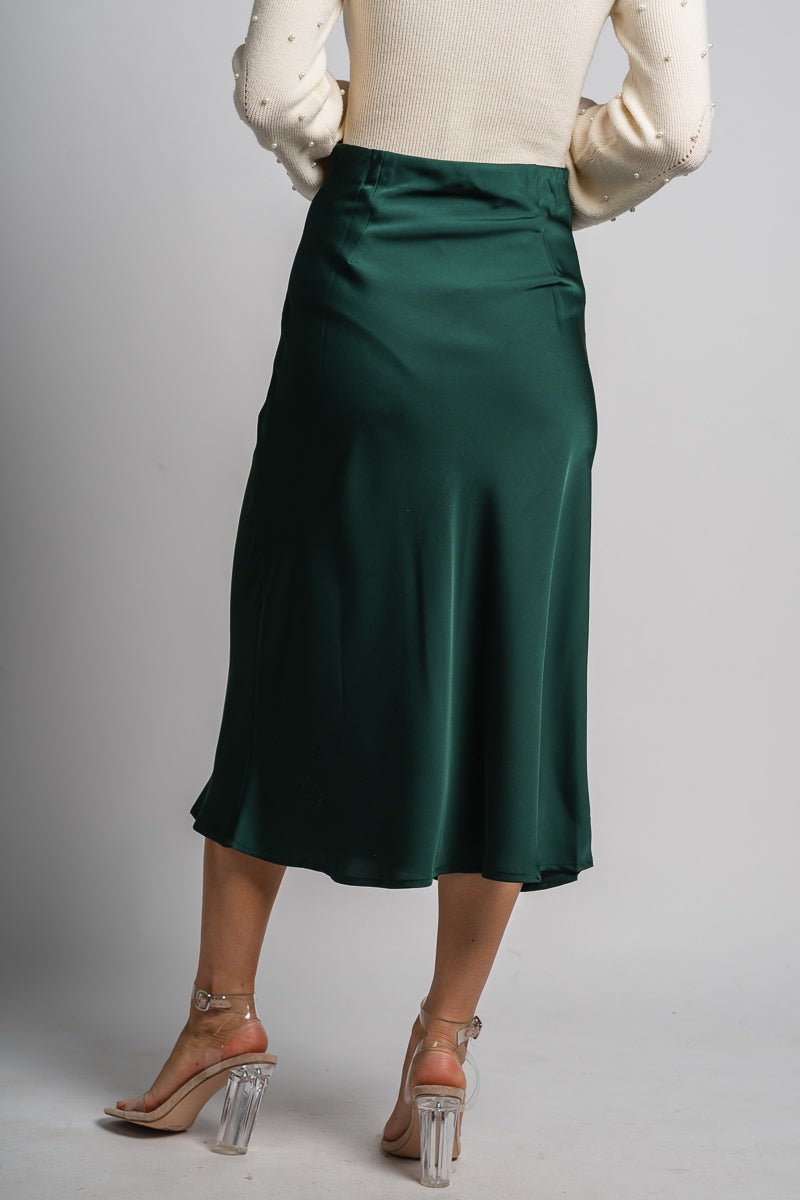 Satin midi skirt hunter green | Lush Fashion Lounge: boutique fashion skirts, affordable boutique skirts, cute affordable skirts