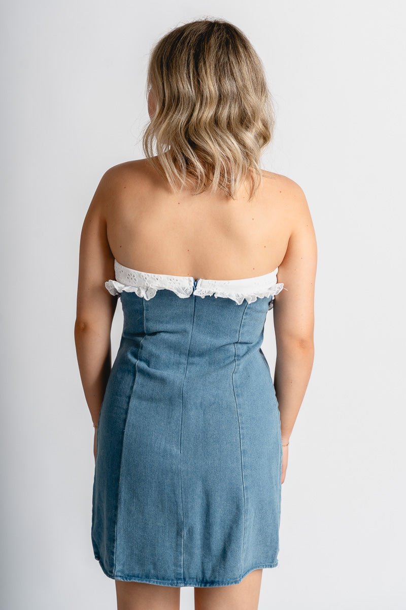 Strapless lace trim denim dress blue