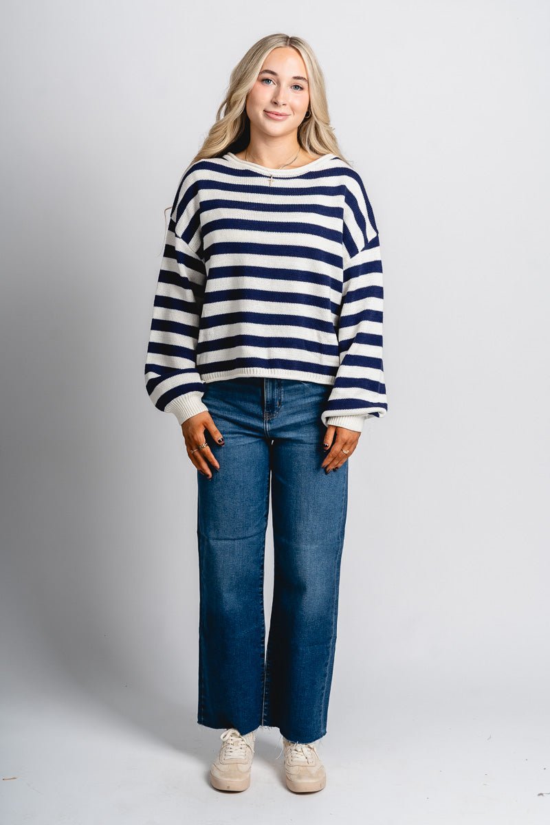 Striped crew neck sweater navy/ivory - Trendy OKC Thunder T-Shirts at Lush Fashion Lounge Boutique in Oklahoma City