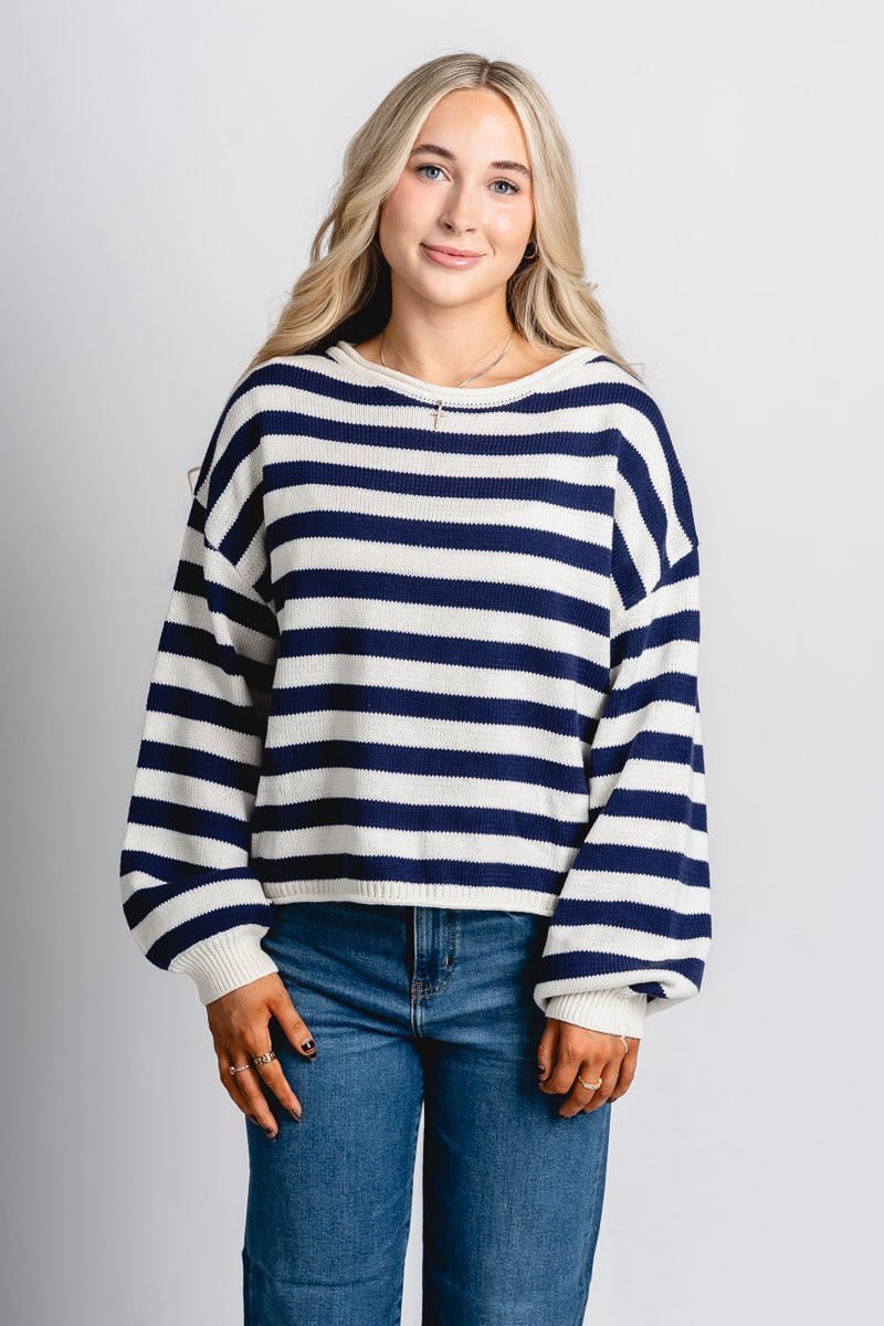 Striped crew neck sweater navy/ivory - Vintage OKC Basketball T-Shirts at Lush Fashion Lounge Boutique in Oklahoma City