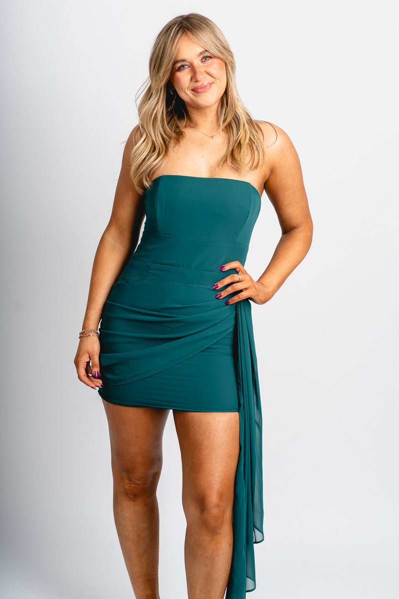 Strapless wrap skirt mini dress hunter green - Cute dress - Trendy Dresses at Lush Fashion Lounge Boutique in Oklahoma City