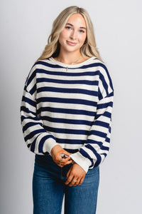 Striped crew neck sweater navy/ivory - Trendy Oklahoma City Basketball T-Shirts Lush Fashion Lounge Boutique in Oklahoma City