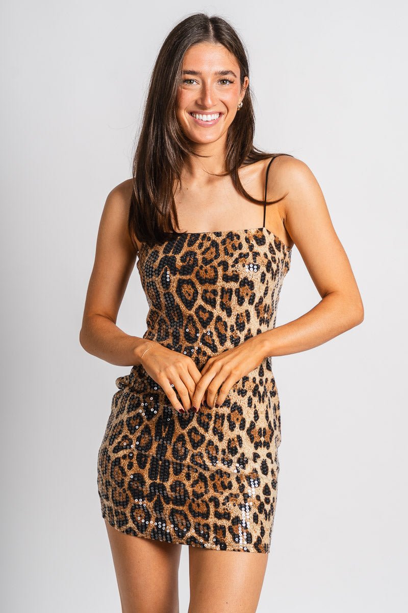 Leopard sequin dress brown/black - Trendy New Year's Eve Outfits at Lush Fashion Lounge Boutique in Oklahoma City