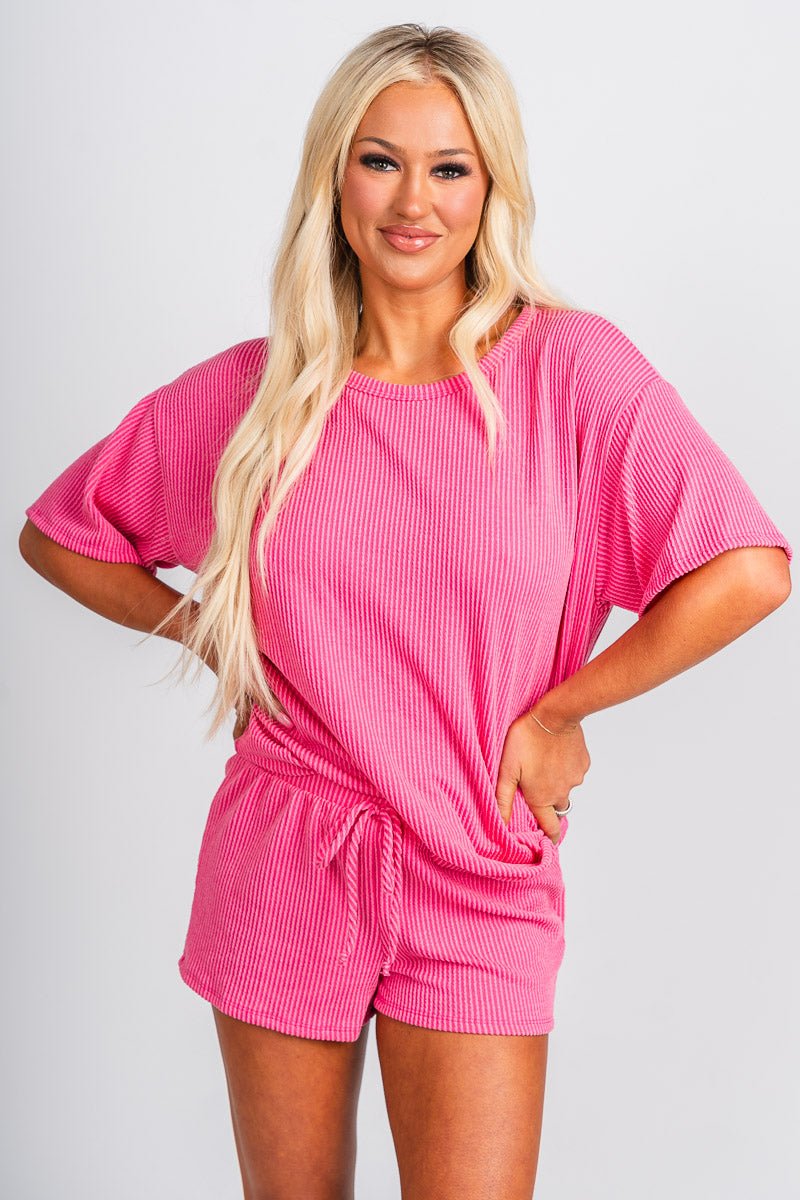 Ribbed short sleeve top fuchsia - Adorable top - Stylish Comfortable Outfits at Lush Fashion Lounge Boutique in OKC