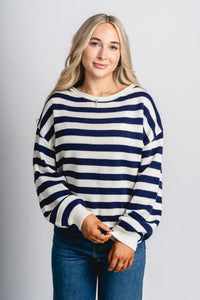 Striped crew neck sweater navy/ivory – Boutique Sweaters | Fashionable Sweaters at Lush Fashion Lounge Boutique in Oklahoma City