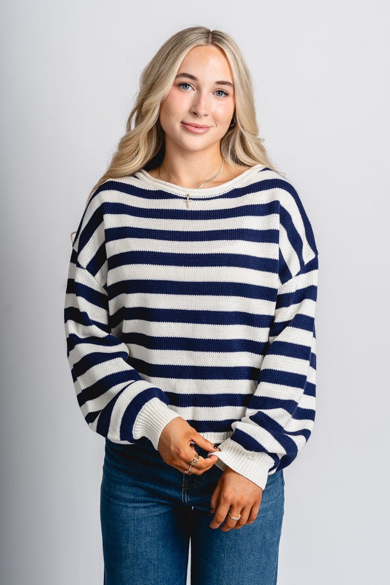 Striped crew neck sweater navy/ivory – Boutique Sweaters | Fashionable Sweaters at Lush Fashion Lounge Boutique in Oklahoma City