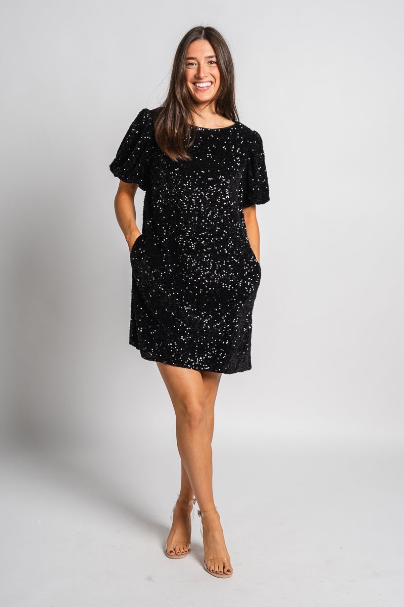 Short sleeve sequin dress black