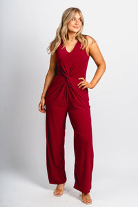 Twist v-neck jumpsuit burgundy - Trendy jumpsuit - Fashion Rompers & Pantsuits at Lush Fashion Lounge Boutique in Oklahoma City