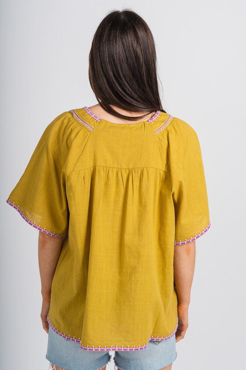 Embroidered flutter top green tea - Adorable Top - Stylish Vacation T-Shirts at Lush Fashion Lounge Boutique in Oklahoma City
