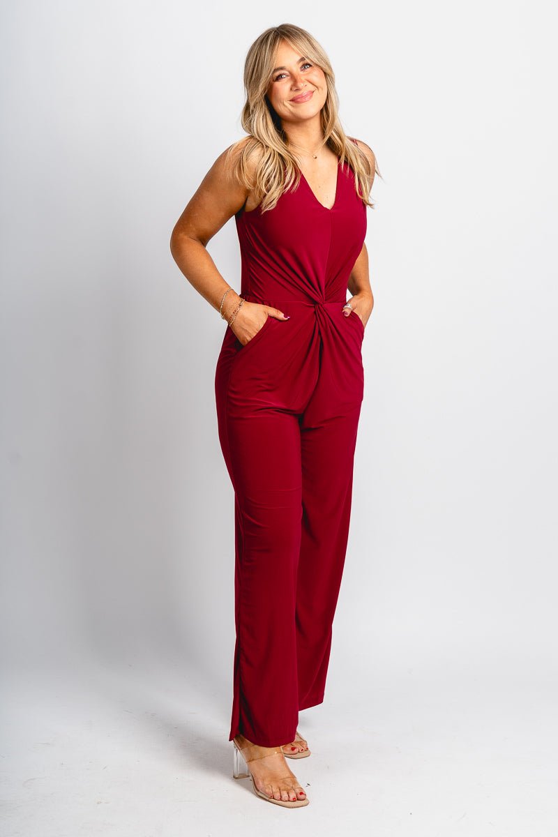 Twist v-neck jumpsuit burgundy - Affordable jumpsuit - Boutique Rompers & Pantsuits at Lush Fashion Lounge Boutique in Oklahoma City