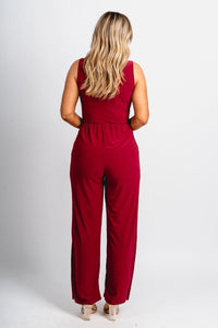 Twist v-neck jumpsuit burgundy Stylish jumpsuit - Womens Fashion Rompers & Pantsuits at Lush Fashion Lounge Boutique in Oklahoma City