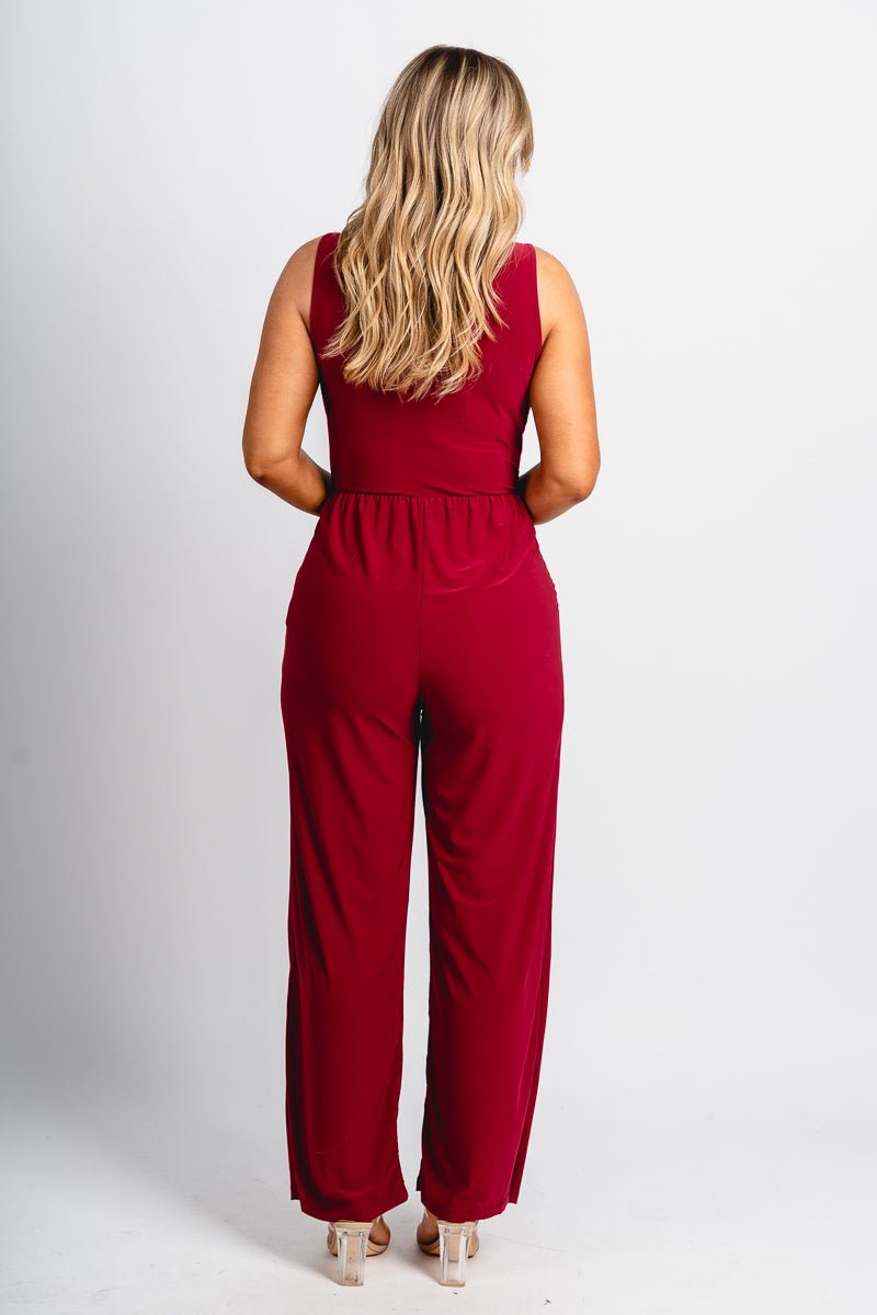 Twist v-neck jumpsuit burgundy Stylish jumpsuit - Womens Fashion Rompers & Pantsuits at Lush Fashion Lounge Boutique in Oklahoma City