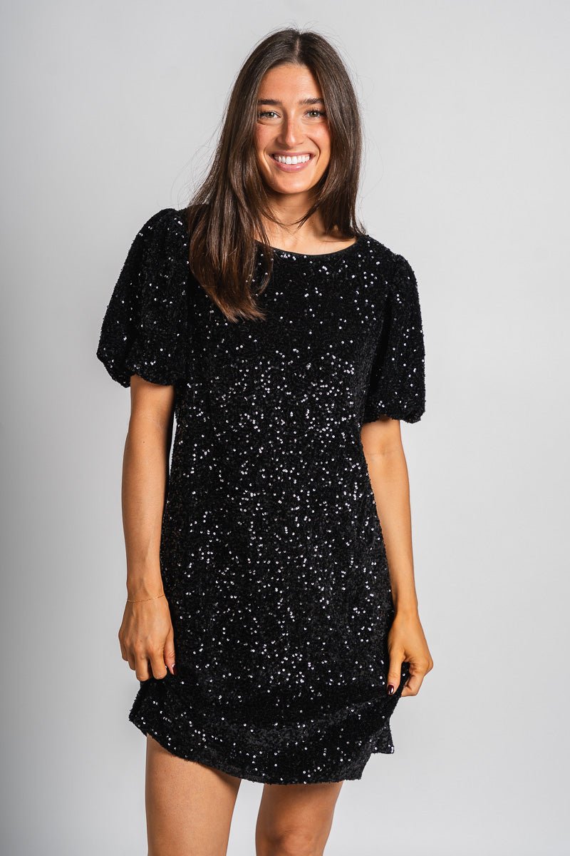 Short sleeve sequin dress black - Trendy New Year's Eve Outfits at Lush Fashion Lounge Boutique in Oklahoma City