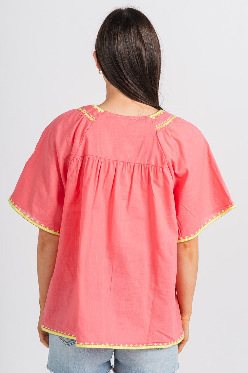 Embroidered flutter top coral - Adorable Top - Stylish Vacation T-Shirts at Lush Fashion Lounge Boutique in Oklahoma City