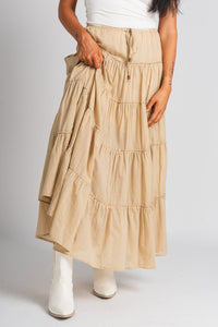 Tiered maxi skirt tan | Lush Fashion Lounge: boutique fashion skirts, affordable boutique skirts, cute affordable skirts