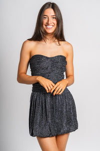 Strapless shimmer bubble hem dress black/silver - Affordable dress - Boutique Dresses at Lush Fashion Lounge Boutique in Oklahoma City