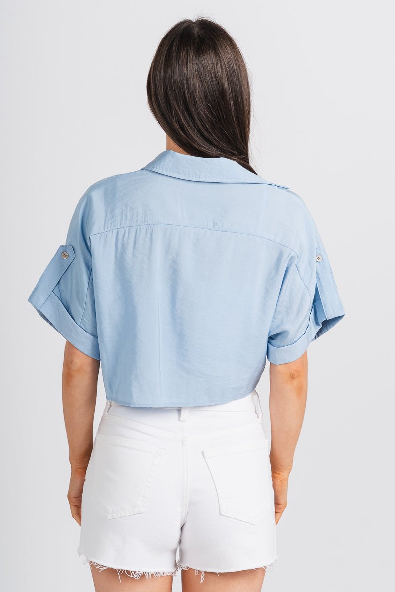 Tie front pocket top chambray