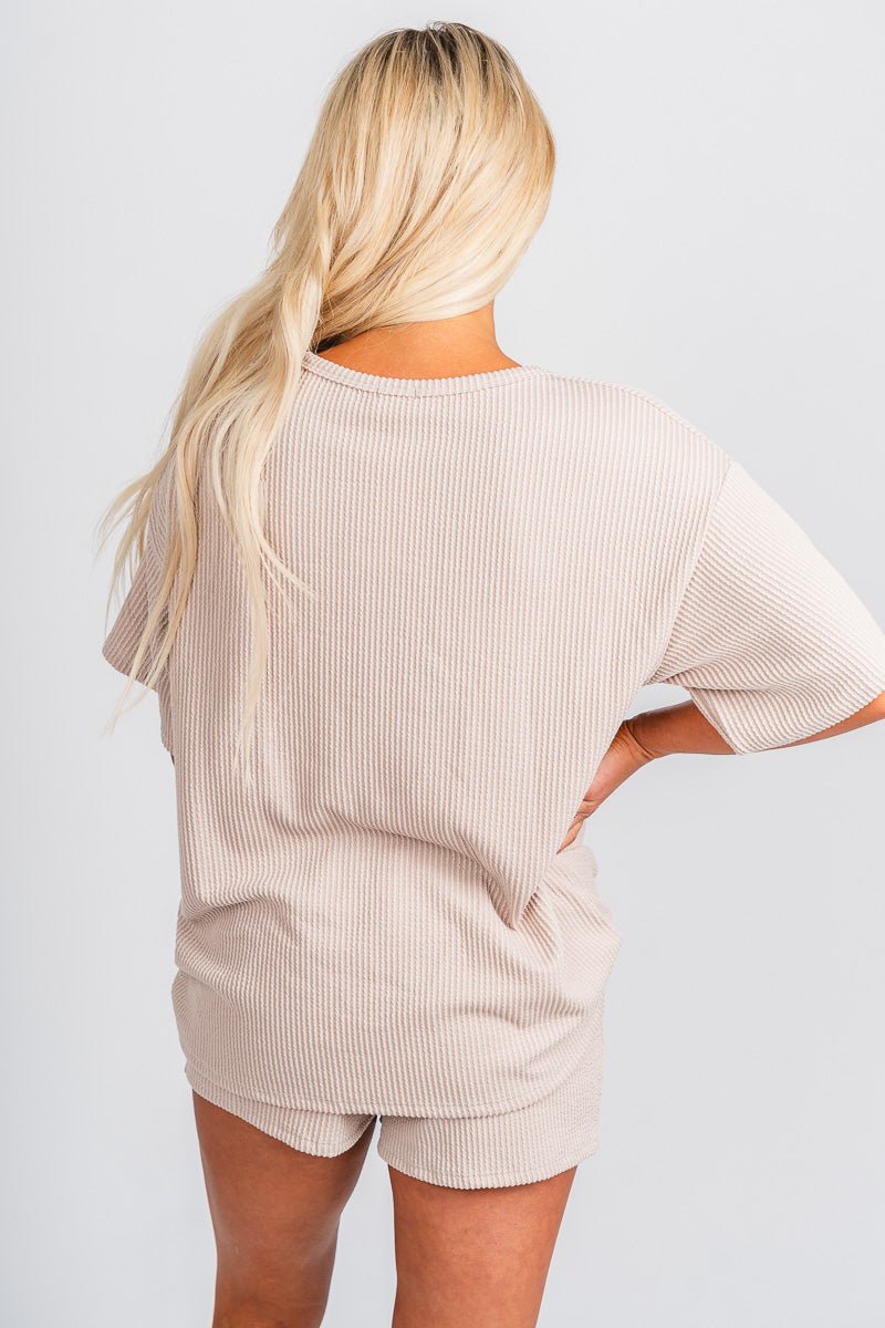 Ribbed short sleeve top taupe - Fun top - Unique Lounge Looks at Lush Fashion Lounge Boutique in Oklahoma