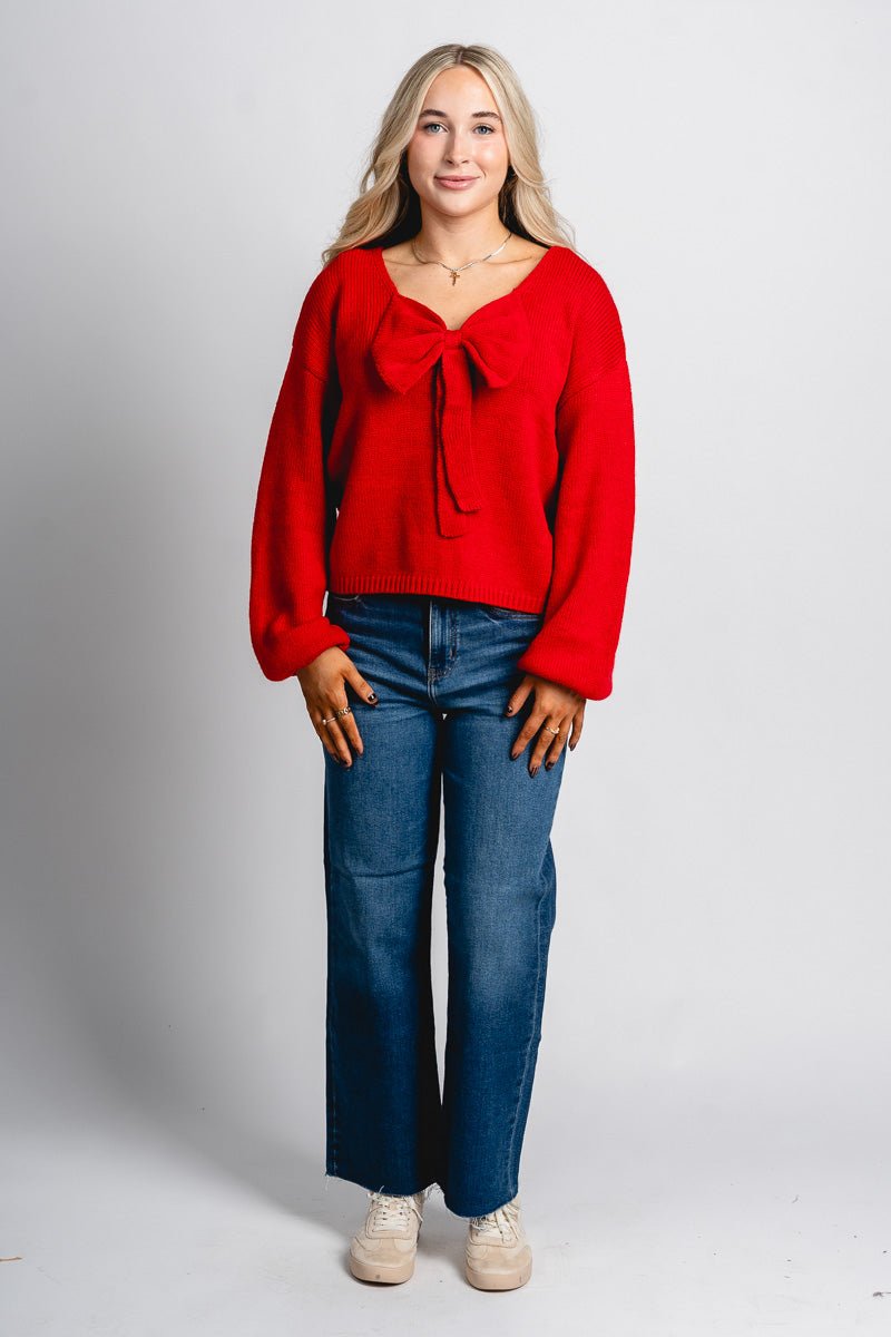 Bow detail sweater fiery red - Trendy Sweaters | Cute Pullover Sweaters at Lush Fashion Lounge Boutique in Oklahoma City