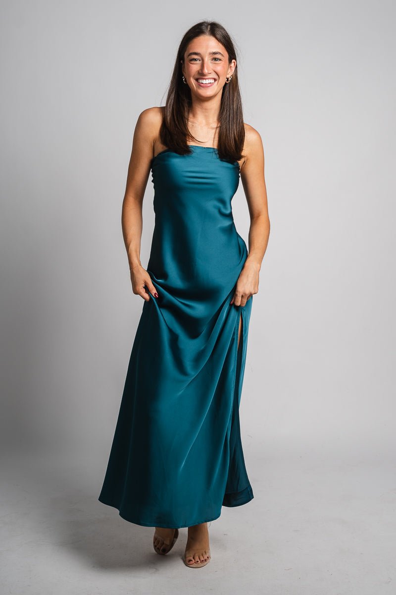 Satin strapless maxi dress midnight teal - Cute dress - Trendy Dresses at Lush Fashion Lounge Boutique in Oklahoma City