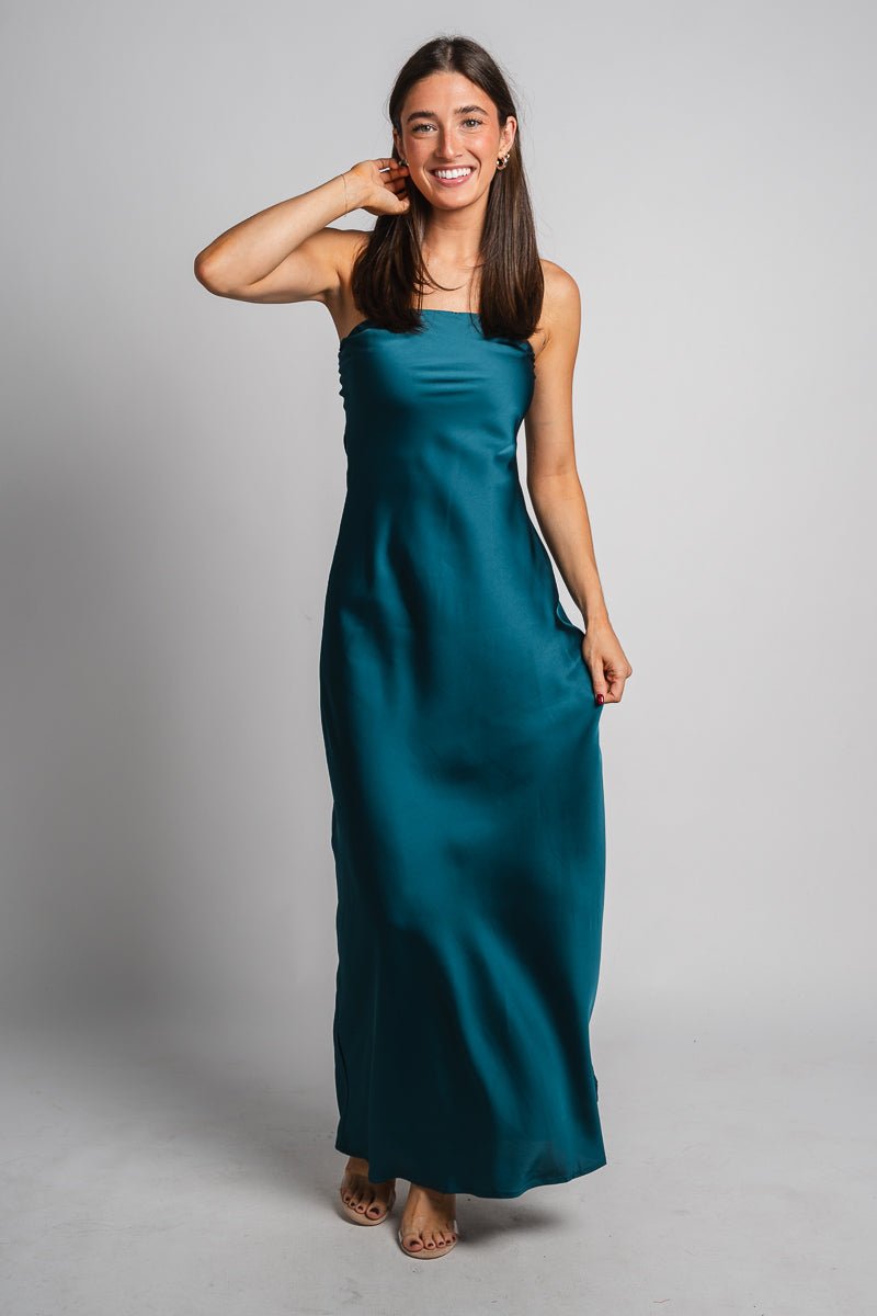 Satin strapless maxi dress midnight teal - Trendy dress - Fashion Dresses at Lush Fashion Lounge Boutique in Oklahoma City