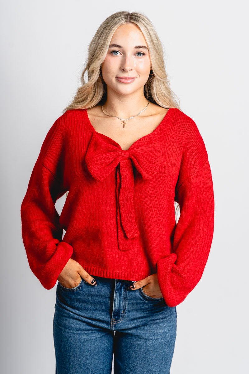 Bow detail sweater fiery red – Stylish Sweaters | Boutique Sweaters at Lush Fashion Lounge Boutique in Oklahoma City