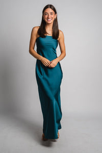 Satin strapless maxi dress midnight teal - Affordable dress - Boutique Dresses at Lush Fashion Lounge Boutique in Oklahoma City