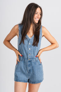 Sleeveless denim romper denim - Affordable Romper - Boutique Rompers & Pantsuits at Lush Fashion Lounge Boutique in Oklahoma City