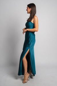 Satin strapless maxi dress midnight teal Stylish dress - Womens Fashion Dresses at Lush Fashion Lounge Boutique in Oklahoma City