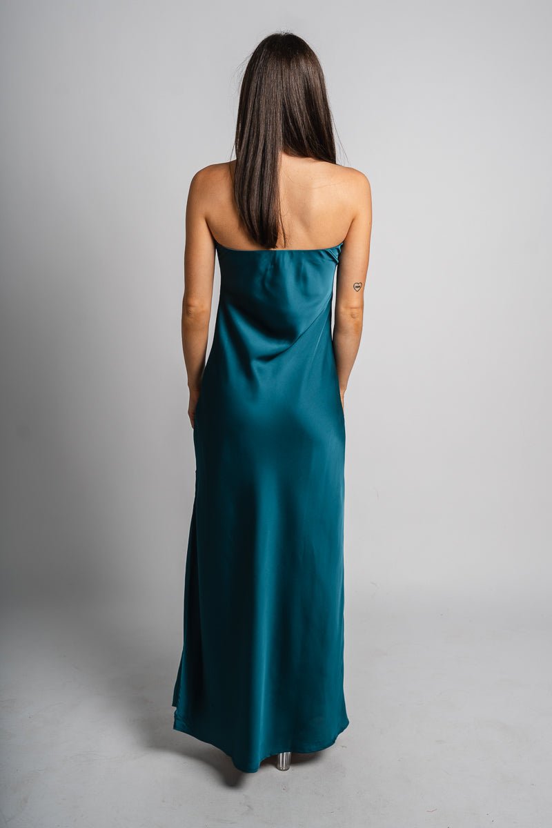 Satin strapless maxi dress midnight teal