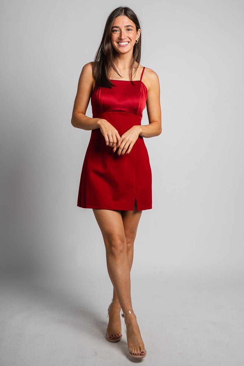 Satin bow mini dress burgundy Stylish dress - Womens Fashion Dresses at Lush Fashion Lounge Boutique in Oklahoma City