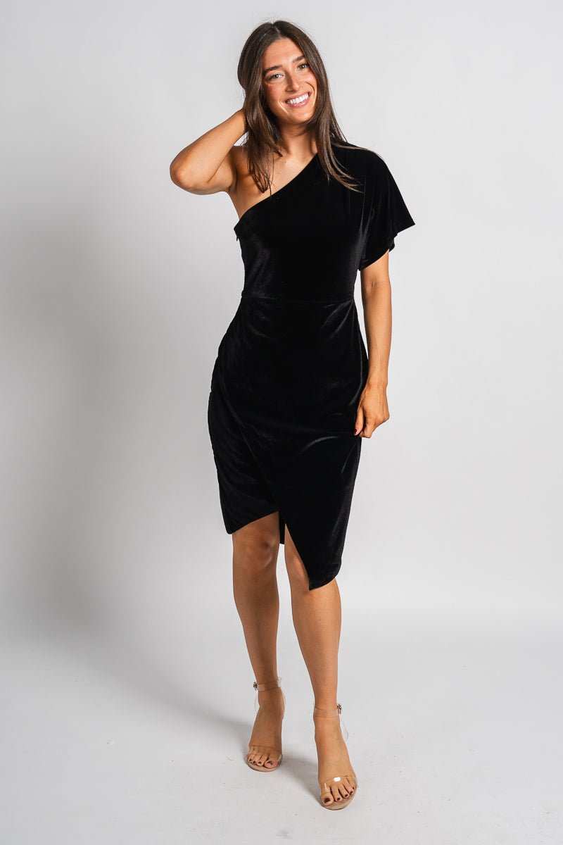 One shoulder velvet dress black - Affordable Dress - Boutique Dresses at Lush Fashion Lounge Boutique in Oklahoma City