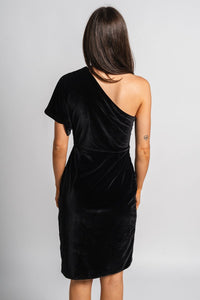 One shoulder velvet dress black Stylish Dress - Womens Fashion Dresses at Lush Fashion Lounge Boutique in Oklahoma City