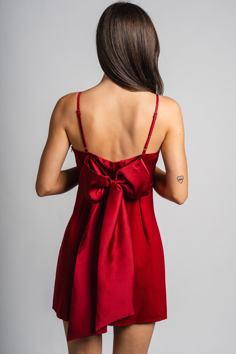 Satin bow mini dress burgundy