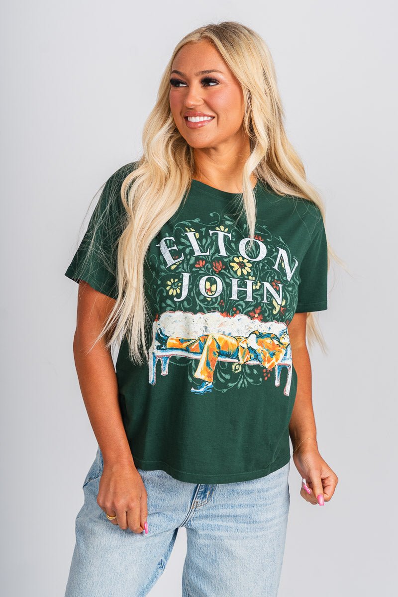 DayDreamer Elton John floral tee vintage green - Stylish Band T-Shirts and Sweatshirts at Lush Fashion Lounge Boutique in Oklahoma City