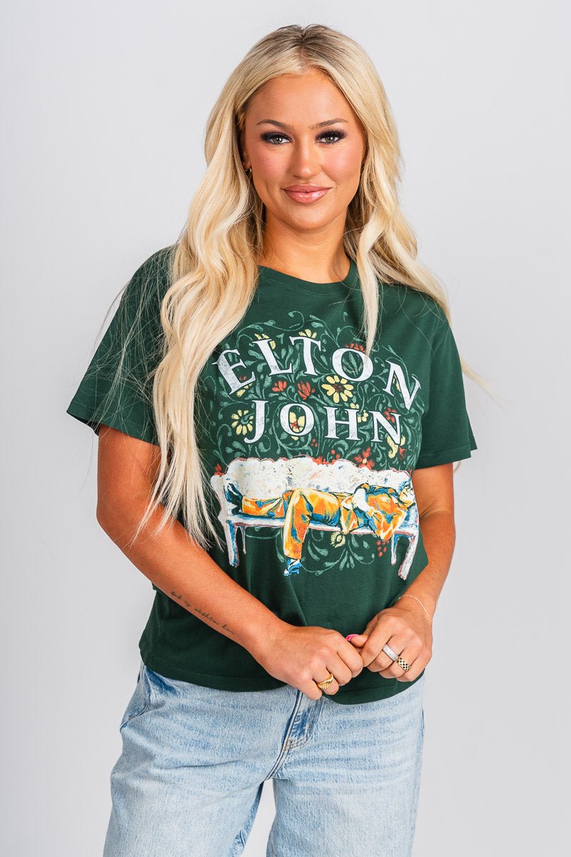 DayDreamer Elton John floral tee vintage green - Trendy Band T-Shirts and Sweatshirts at Lush Fashion Lounge Boutique in Oklahoma City