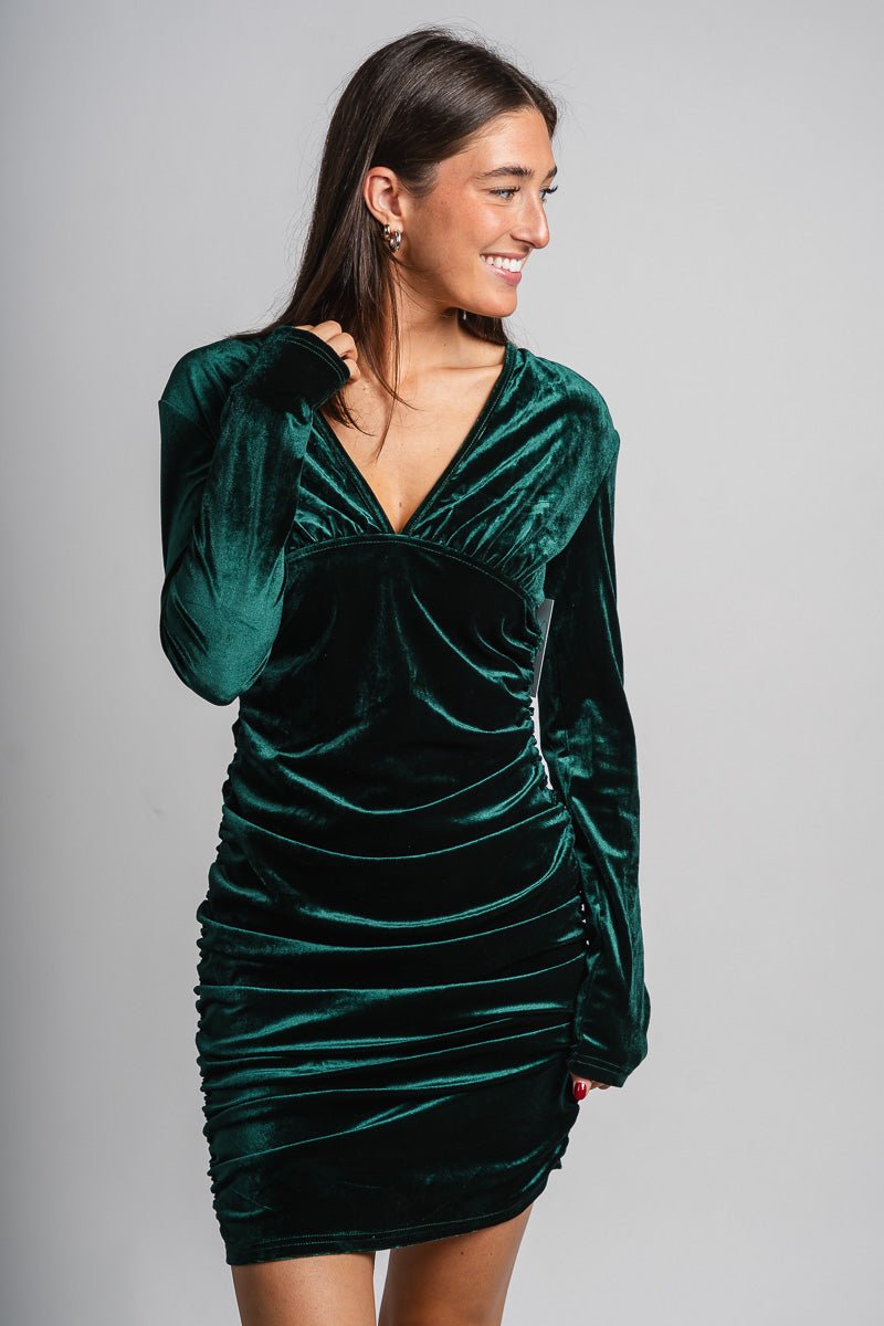 V-neck velvet dress dark green - Affordable dress - Boutique Dresses at Lush Fashion Lounge Boutique in Oklahoma City