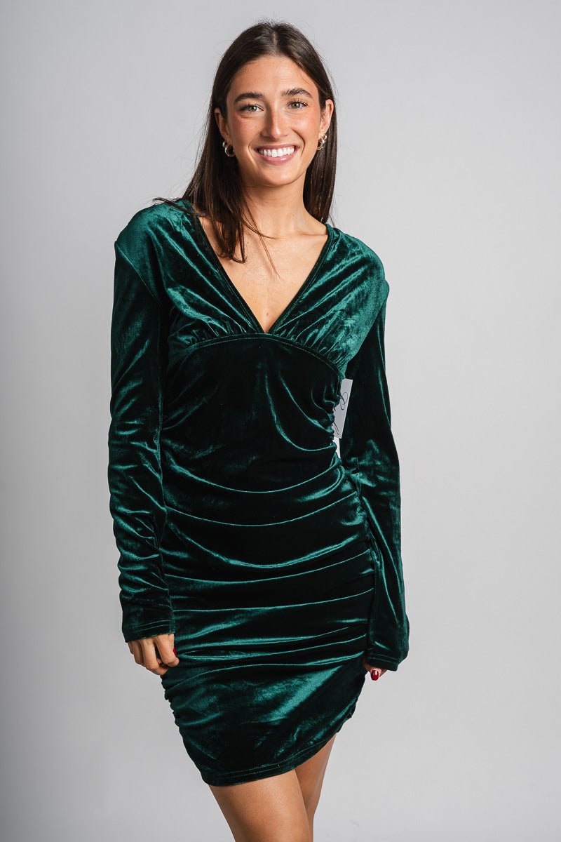 V-neck velvet dress dark green - Cute dress - Trendy Dresses at Lush Fashion Lounge Boutique in Oklahoma City