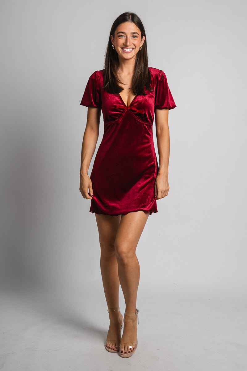 Velvet puff sleeve dress crimson - Trendy dress - Fashion Dresses at Lush Fashion Lounge Boutique in Oklahoma City