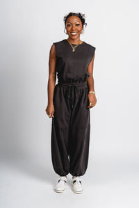 Sleeveless drawstring jumpsuit ash - Cute Jumpsuit - Trendy Rompers and Pantsuits at Lush Fashion Lounge Boutique in Oklahoma City