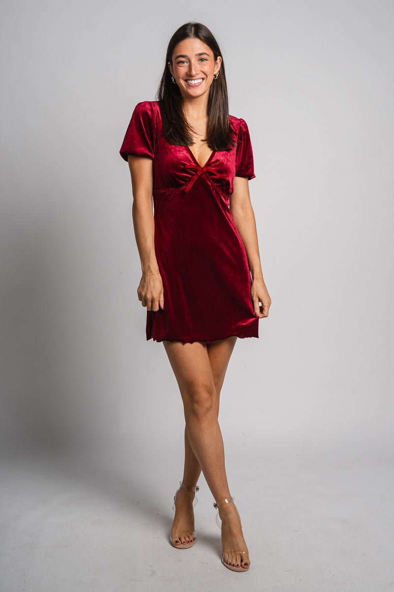 Velvet puff sleeve dress crimson