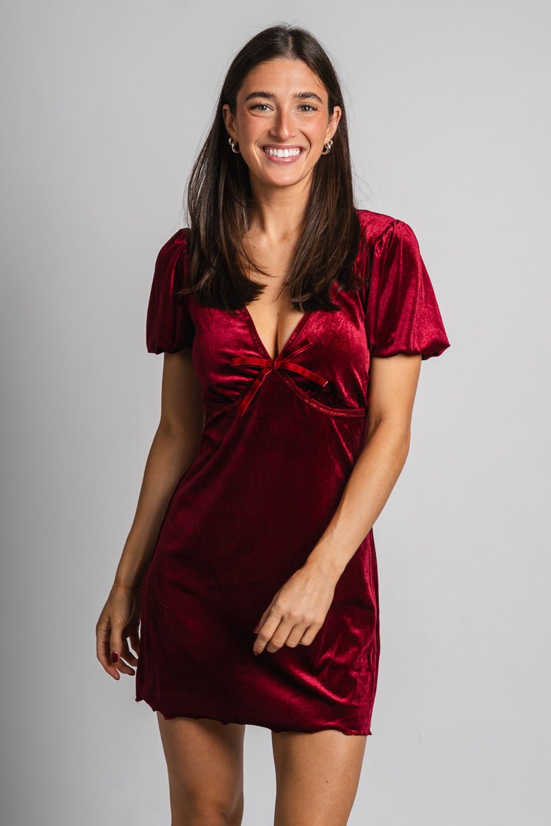 Velvet puff sleeve dress crimson - Affordable dress - Boutique Dresses at Lush Fashion Lounge Boutique in Oklahoma City